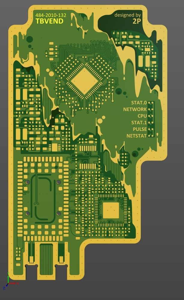 A rendered circuit board layout in yellow and green showing routed traces and component footprints.
